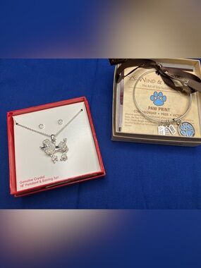 Silver Crystal Poodle Necklace and Stud Earring Set - Silver